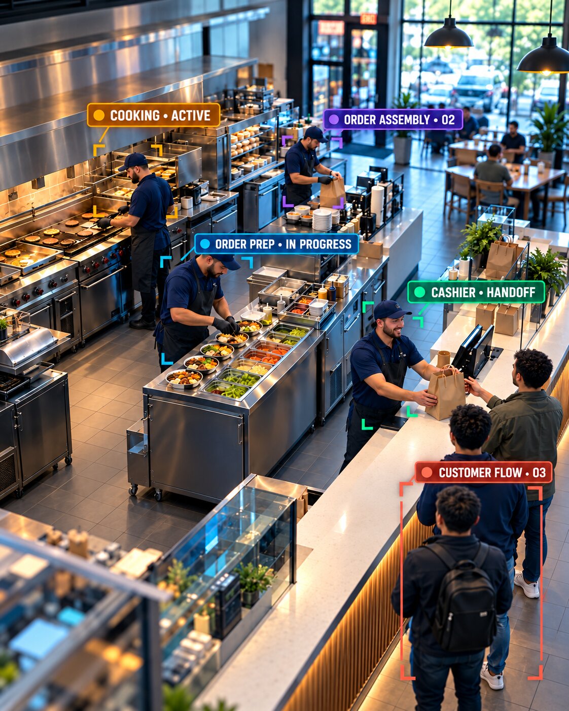 Restaurant kitchen and pickup counter monitored by existing cameras
